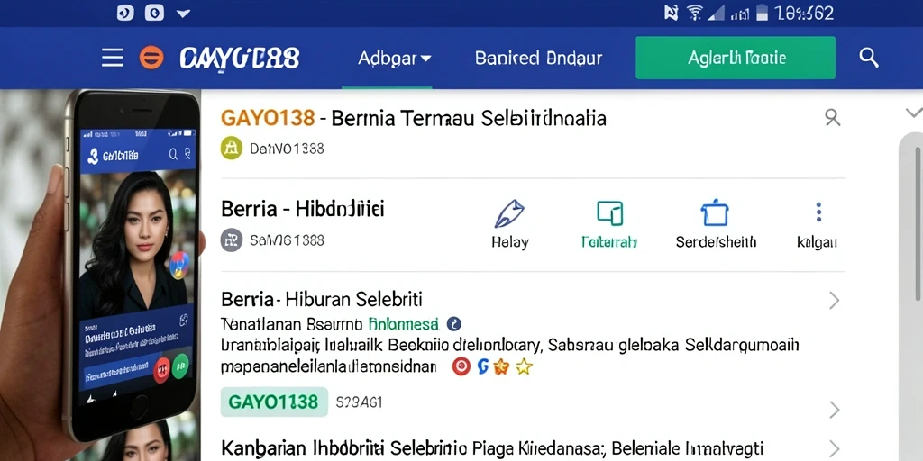 Antarmuka GAYO138 menampilkan berita terkini selebriti dengan desain yang menarik.