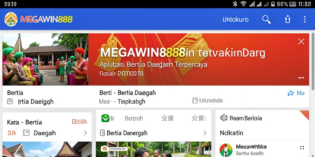 Antarmuka aplikasi MEGAWIN888 yang menampilkan berita daerah terbaru.